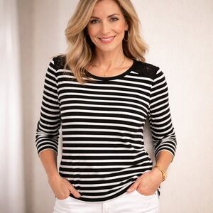 TALBOTS Women's Stretch Cotton Top 3/4 Sleeve Striped Black White Size LP